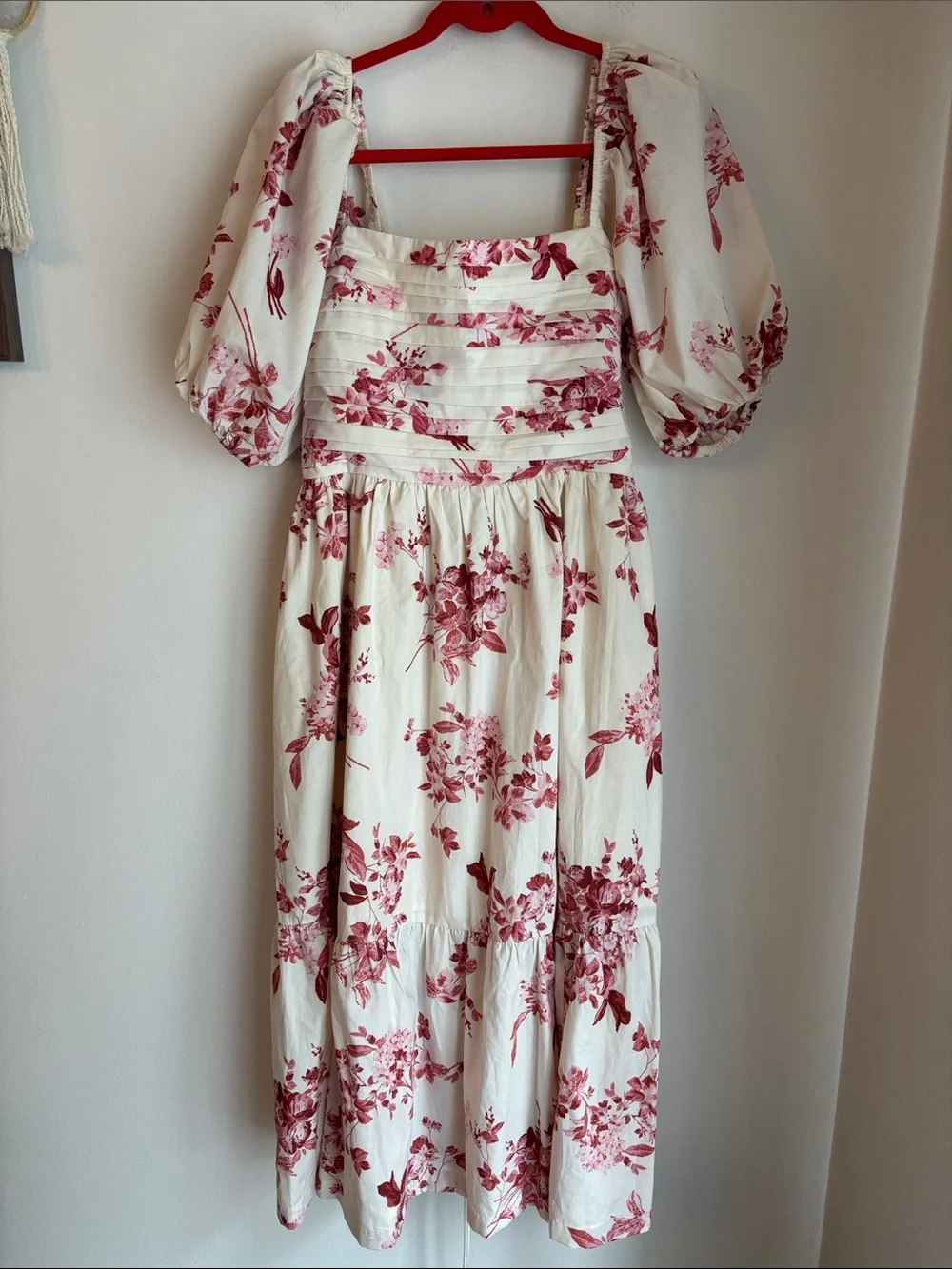 Abercrombie Emerson poplin Floral Puff-Sleeve Midi Dress Cream Rose Women LG EUC - Picture 3 of 12